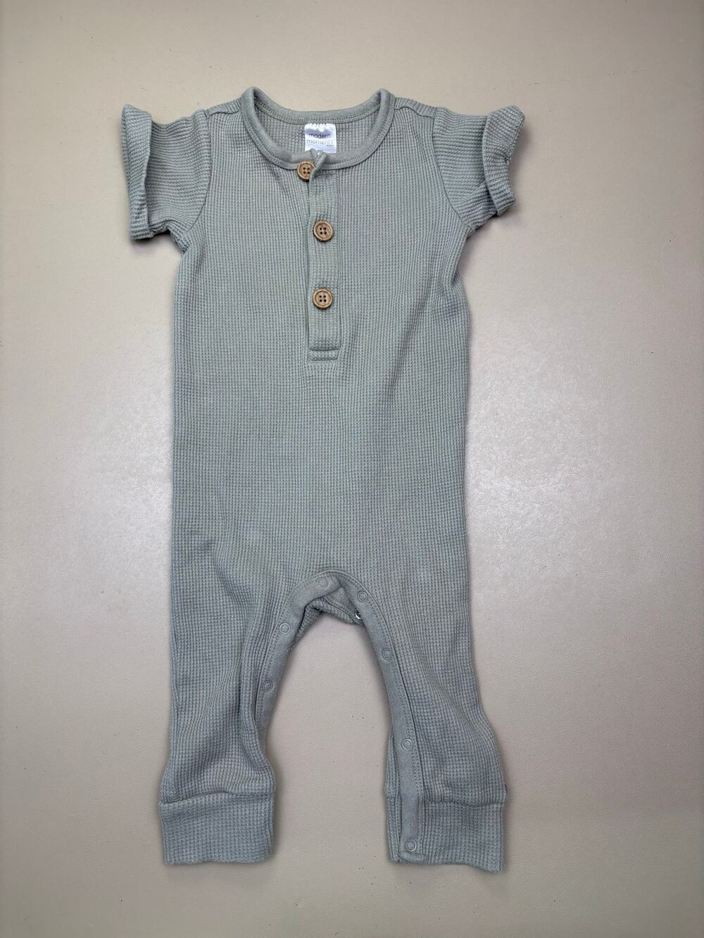 Modern Moments Baby Waffle Knit Henley Romper Sage Green 12M One Piece EUC
